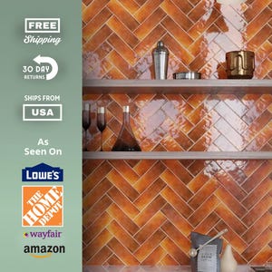 May include: A kitchen or bar area with a warm, orange herringbone tile backsplash. Two shelves hold barware, including a cocktail shaker and a gold-colored mug. The image also features text that says "FREE Shipping", "30 DAY RETURNS", and "SHIPS FROM USA".