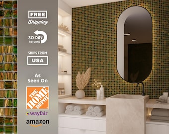 Green gold glossy glass mosaic tile sample 4x5 piece, uniform square pool tile, backsplash bathroom wall tile, decorative kitchen accent