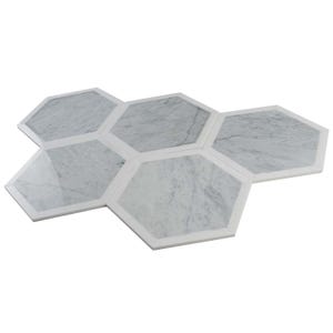 May include: A set of six hexagonal marble tiles with white borders. The tiles are arranged in a honeycomb pattern.