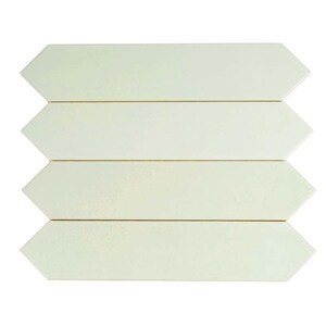 May include: Four light green ceramic tiles arranged in a staggered pattern, each tile is shaped like a long arrow with rounded edges.