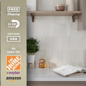 May include: A kitchen scene featuring light-colored, elongated tile backsplash. A small potted plant, honey jar, and open book sit on the countertop. Wooden shelves and a cutting board are also visible. The image includes text: "FREE Shipping", "30 DAY RETURNS", "SHIPS FROM USA", and logos for The Home Depot, Wayfair, and Amazon.