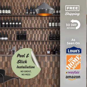 May include: A wall covered in brown and copper-toned geometric tiles featuring a peel and stick installation. The wall serves as a backdrop for a bar area with shelves holding various wine bottles and a modern metallic pendant light fixture.