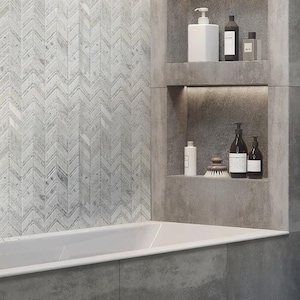 Gray White 13x13 Polished Etched Herringbone Marble Mosaic Tile (5 pack, 6.09 sq ft/case)