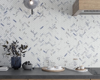 White with Blue-Gray 4 x 5 Polished Herringbone Porcelain Mosaic Tile - Sample