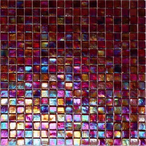 May include: A sheet of iridescent glass mosaic tiles in shades of red, purple, blue, and gold. The tiles are small and square, and they have a reflective surface.