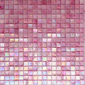 May include: A square mosaic tile sheet composed of numerous small, iridescent pink glass tiles. The tiles have a glossy finish and reflect light, creating a shimmering effect. The mosaic is suitable for various decorative applications.