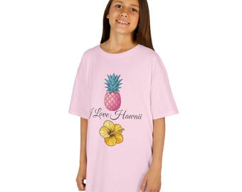 Pink Pineapple and Hibiscus Kids Tee | Tropical Heart Back Print