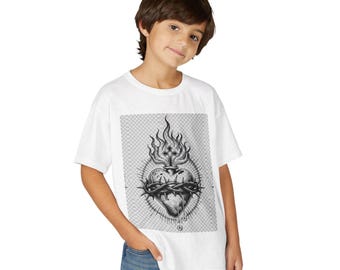 若者向けイエス・キリストの聖心グラフィックTシャツ ― いばらの冠をかぶった燃える心臓