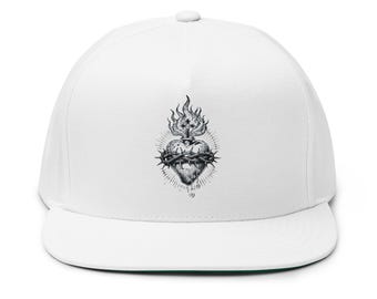 Sacred Heart of Jesus Flat Bill Cap | Embroidered Religious Tattoo Style