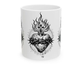 Sacred Heart Illustration Mug | Flaming Heart, Crown of Thorns Ceramic Mug