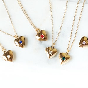 Heart Locket Birthstone Necklace, Gold gemstone Locket, Personalized Engraved Necklace, Photo Locket Necklace for Her, Keepsake Jewelry image 1
