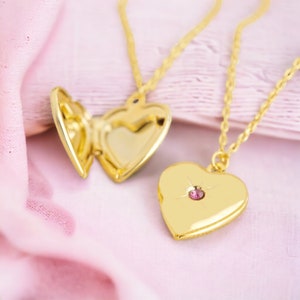 Heart Locket Birthstone Necklace, Gold gemstone Locket, Personalized Engraved Necklace, Photo Locket Necklace for Her, Keepsake Jewelry image 5