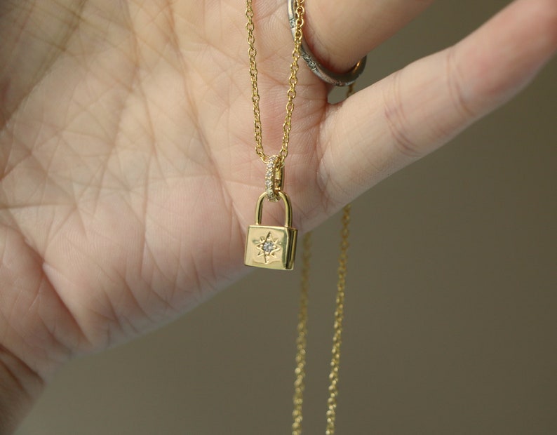 Dainty Celestial Padlock Necklace, CZ Minimalist Necklace, gift for her, Dainty Lock Necklace, Dainty 14k Gold filled Star Locket Necklace image 4
