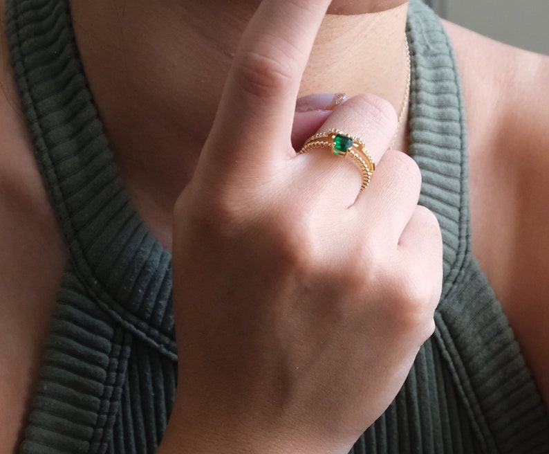 Emerald Cubic Zirconia Double Row Band Ring, Statement ring, dainty gemstone gold ring, gold double band open ring, gift for her image 4