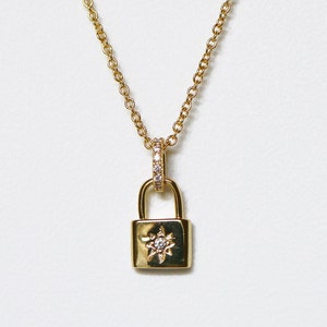 Dainty Celestial Padlock Necklace, CZ Minimalist Necklace, gift for her, Dainty Lock Necklace, Dainty 14k Gold filled Star Locket Necklace image 5
