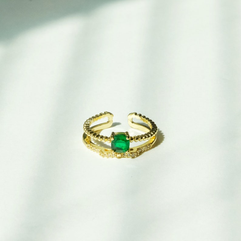 Emerald Cubic Zirconia Double Row Band Ring, Statement ring, dainty gemstone gold ring, gold double band open ring, gift for her image 3