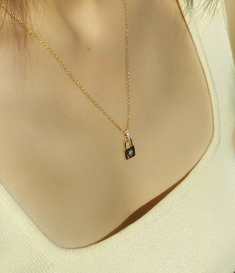 Dainty Celestial Padlock Necklace, CZ Minimalist Necklace, gift for her, Dainty Lock Necklace, Dainty 14k Gold filled Star Locket Necklace image 6