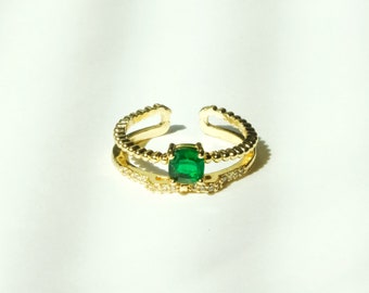 Emerald Cubic Zirconia Double Row Band Ring, Statement ring, dainty gemstone gold ring, gold double band open ring, gift for her