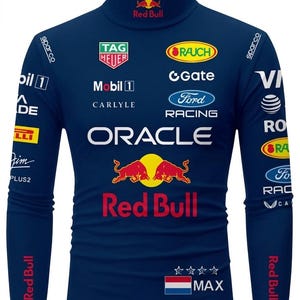 May include: Navy blue long-sleeved turtleneck shirt with multiple sponsor logos, including Red Bull, Oracle, and Tag Heuer. The shirt features a Red Bull logo on the collar and sleeves, and the word "MAX" is printed on the lower front.