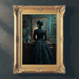 Gothic Victorian Woman Art Print | Baroque Interior Digital Wall Art | Dark Academia Print | Moody Wall Art | Dark Romantic Decor