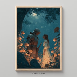 Romantic Moonlit Knight and Lady |  Fairytale Love Art Poster | Chivalry and Fantasy Wall Art | Medieval Love Scene | Knightcore Decor