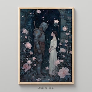 Romantic Moonlit Knight and Lady |  Fairytale Love Art Poster | Chivalry and Fantasy Wall Art | Medieval Love Scene | Knightcore Decor