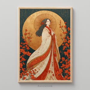 Amaterasu Japanese Sun Goddess Art Print | Rising Sun Shinto Deity | Fantasy Mythology Print | Divine Feminine | Ukiyo-e Watercolor Decor