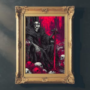 Skeletal King Gothic Art Print | Crimson Horror Wall Art | Dark Throne Illustration | Dark Academia | Moody Wall Art | Gothic Horror Decor