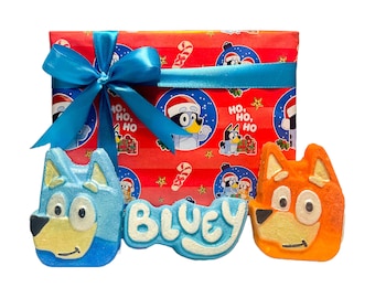 Bluey Bath Bomb Gift Box - 3 Piece, Kids, Child, Bubble Birthday Vegan Present Idea Colorful Bath Rocks Wrapped Gift Box Party Pamper Love