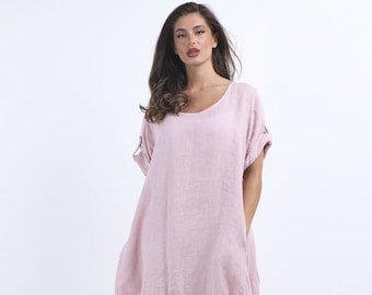 Plain Linen Tabbed Sleeves Slouchy Dress