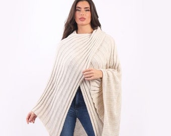 Ladies Plain Cross Over Rib Knit Wrap Cape Shawl