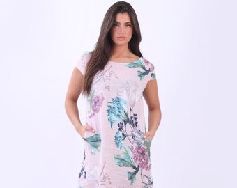 Leinen Tunika Floral Midi Leinen Sommerkleid Made in Italy mit Taschen