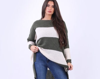 Ladies Stripy Knit Lagenlook Oversized Wooly Jumper, Plus Size Knitted Sweater
