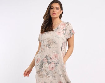 Ladies Floral Linen Dress Made in Italy with Pockets