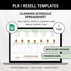 Può includere: Un schermo di laptop mostra un modello di foglio di calcolo del programma di pulizia. Il foglio di calcolo include sezioni per attività giornaliere, settimanali, mensili, trimestrali, semestrali e annuali. Con barre di avanzamento della crescita delle piante.