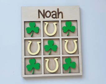 Personalized Wooden Tic Tac Toe Game, Custom Tic Tac Toe Board, St Patrick's Day Gift for Kids, Travel Game St Patrick's Day Tic Tac Toe