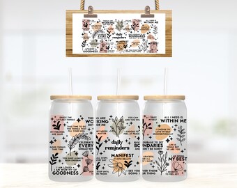 Daily Affirmation Glass 16oz, Glass Can Tumbler, daily reminder, mental health, Iced coffee cup, 16oz glass cup, glass tumbler, gift for her