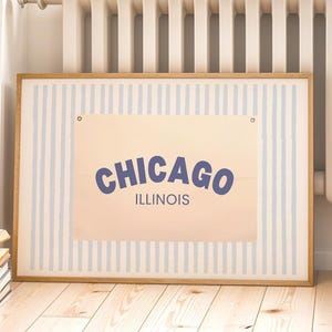 Chicago Coastal Flag Print, Cute Coquette Art voor chic interieur, perfect cadeau voor Chicago-liefhebbers, preppy kustmuurkunst
