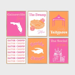Alligators Orange and Pink Trendy Dorm Decor Posters for Digital Download | Set of 6 | Preppy Florida Wall Art | Gators Bar Cart Art |