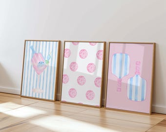 Light Blue and Pink Pickleball Coastal Grandma Coquette Prints | Set of 3 | Preppy Aesthetic Bow Wall Prints