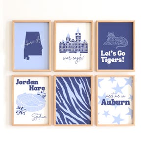 Zestaw niebieskich grafik ściennych Auburn University | OFICJALNIE LICENCJONOWANY PRODUKT | 6 wydruków cyfrowych do dekoracji akademika | Wydruki Blue Tiger do apartamentów |