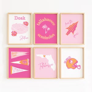 Juego de 6 láminas de arte mural de la Universidad Estatal de Florida / Decoración para dormitorio en tonos rosa y naranja / Pósteres elegantes de la FSU / Arte mural de Florida