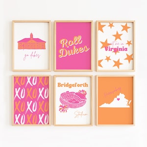 Pósteres de decoración para dormitorios en rosa y naranja de la Universidad James Madison para descarga digital / Juego de 6 / Decoración de dormitorios preppy / Impresiones de pared de la JMU /