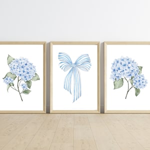 Blue Hydrangea Coastal Bow Coquette Prints | Set of 3 | Preppy Aesthetic Bow Wall Prints | Coastal Preppy Floral Wall Art