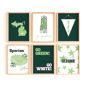 Pósteres de decoración de dormitorios de moda de Michigan State para descarga digital / Juego de 6 / Arte mural preppy de Michigan / Láminas para carritos de bar / Arte mural de East Lansing