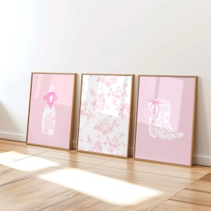 Pink Floral Coastal Champagne Coquette Prints | Set of 3 | Preppy Aesthetic Bow Wall Prints | Coastal Preppy Wall Art