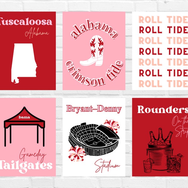 Trendy Red Dorm Decor Posters for Digital Download | Set of 6 | Preppy Wall Art | Southern Dorm Art | Red and pink Poster