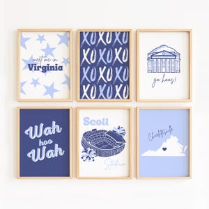 University of Virginia Blue Digital Wall Art | Set of 6 Preppy UVA Posters | Preppy Virginia Dorm Prints | Coastal Chic Trendy Dorm Decor