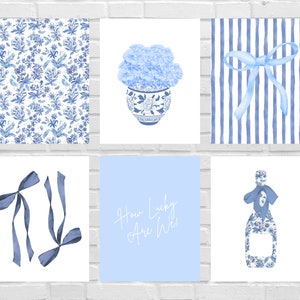 Blue Floral & Bow Prints: Coastal Preppy Wall Art (Set of 6) (Digital Download)