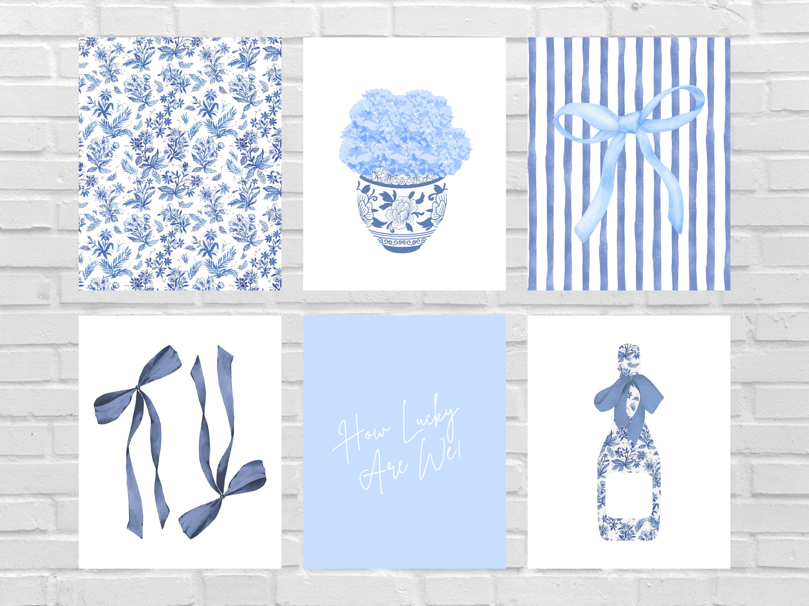 Blue Floral & Bow Prints: Coastal Preppy Wall Art (Set of 6) (Digital Download)